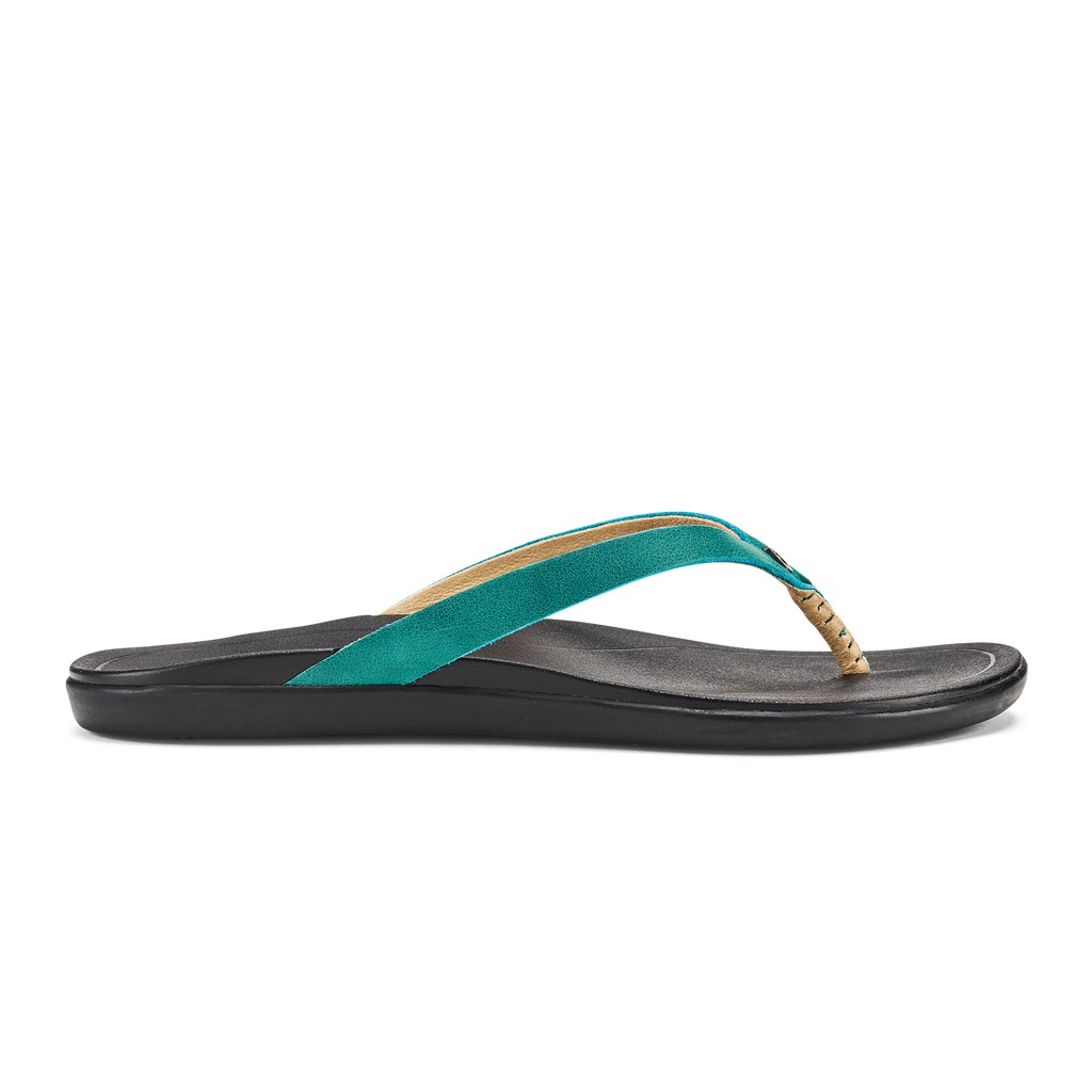 Olukai Zehentrenner Damen - Ho Opio Comfy & Classic Leder Schwarz/Grün - 24965MYJD